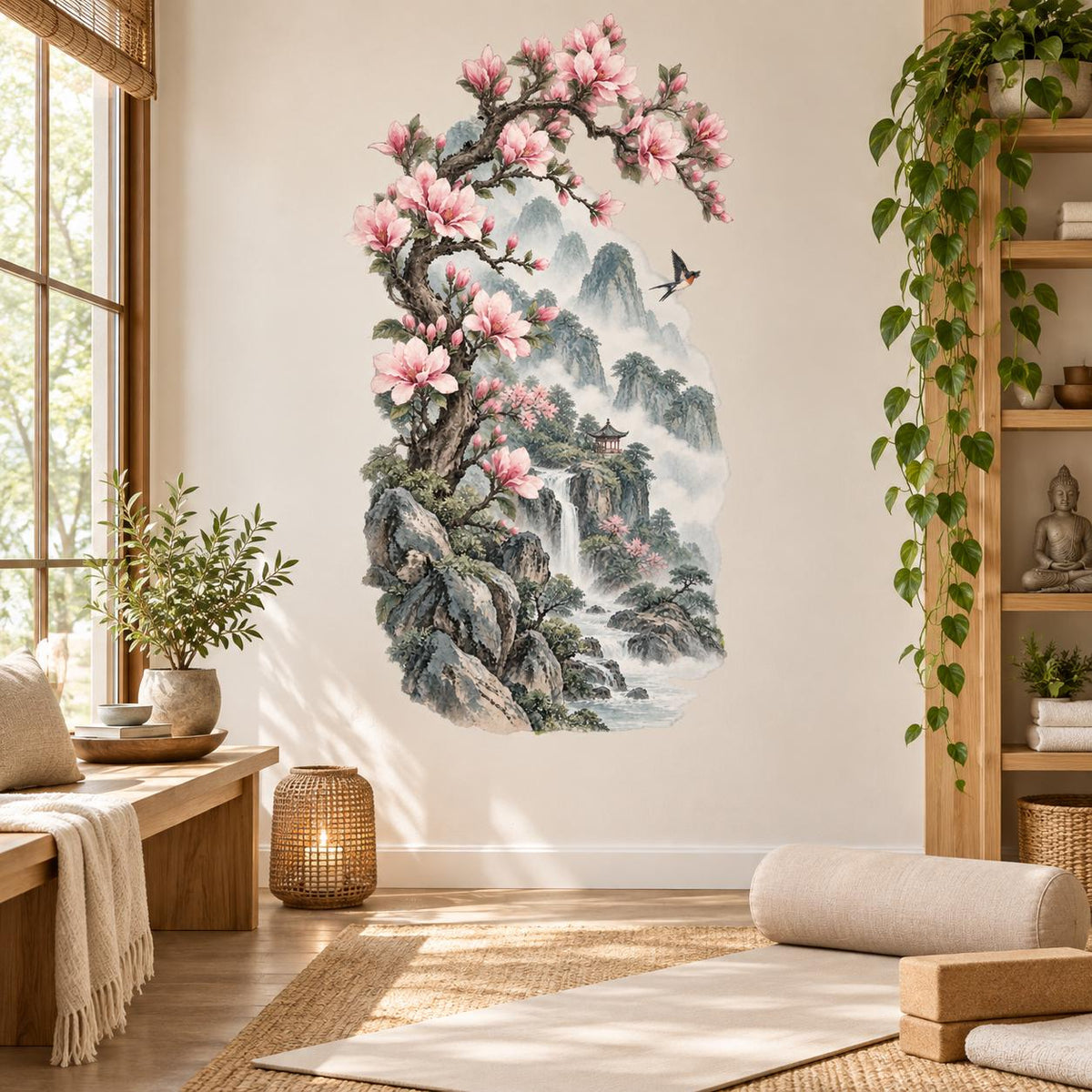 Pink Magnolia Mountain Wall Decal | Watercolor Waterfall Landscape Wall Sticker | East Asian Inspired Bedroom Decor | Vinyl Wall Decor Zen