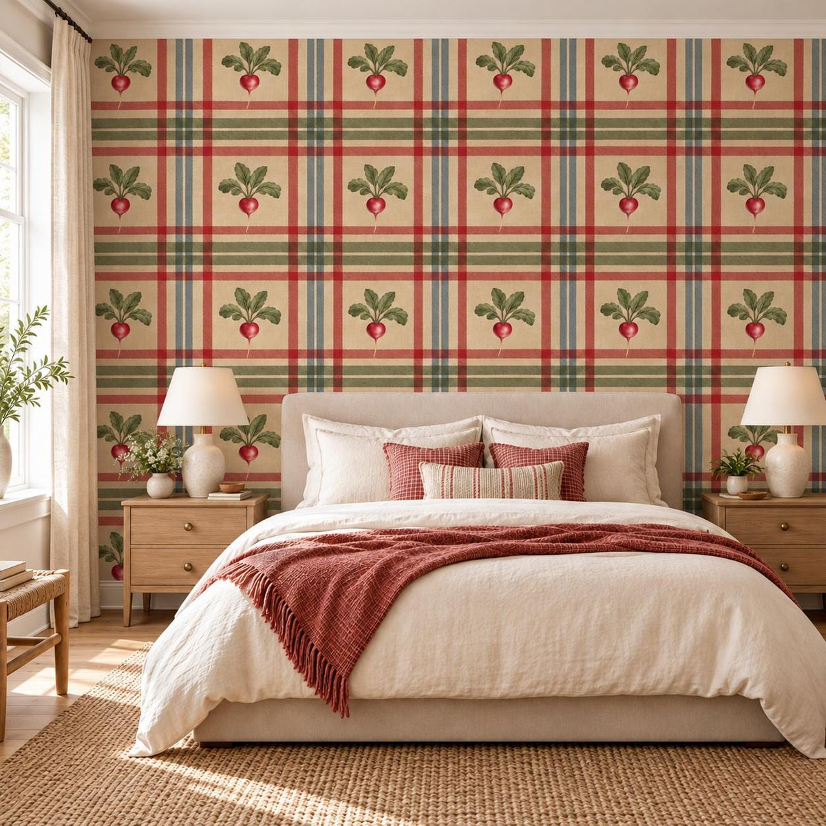 Radish Plaid Self Adhesive Vinyl Wallpaper | Farmhouse Kitchen Wall Mural | Cottagecore Vegetable Wall Covering | Vintage Country Decor Art
