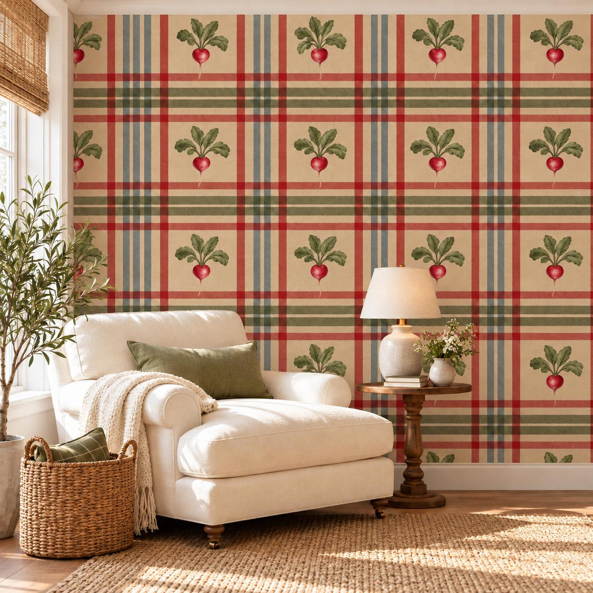 Radish Plaid Self Adhesive Vinyl Wallpaper | Farmhouse Kitchen Wall Mural | Cottagecore Vegetable Wall Covering | Vintage Country Decor Art