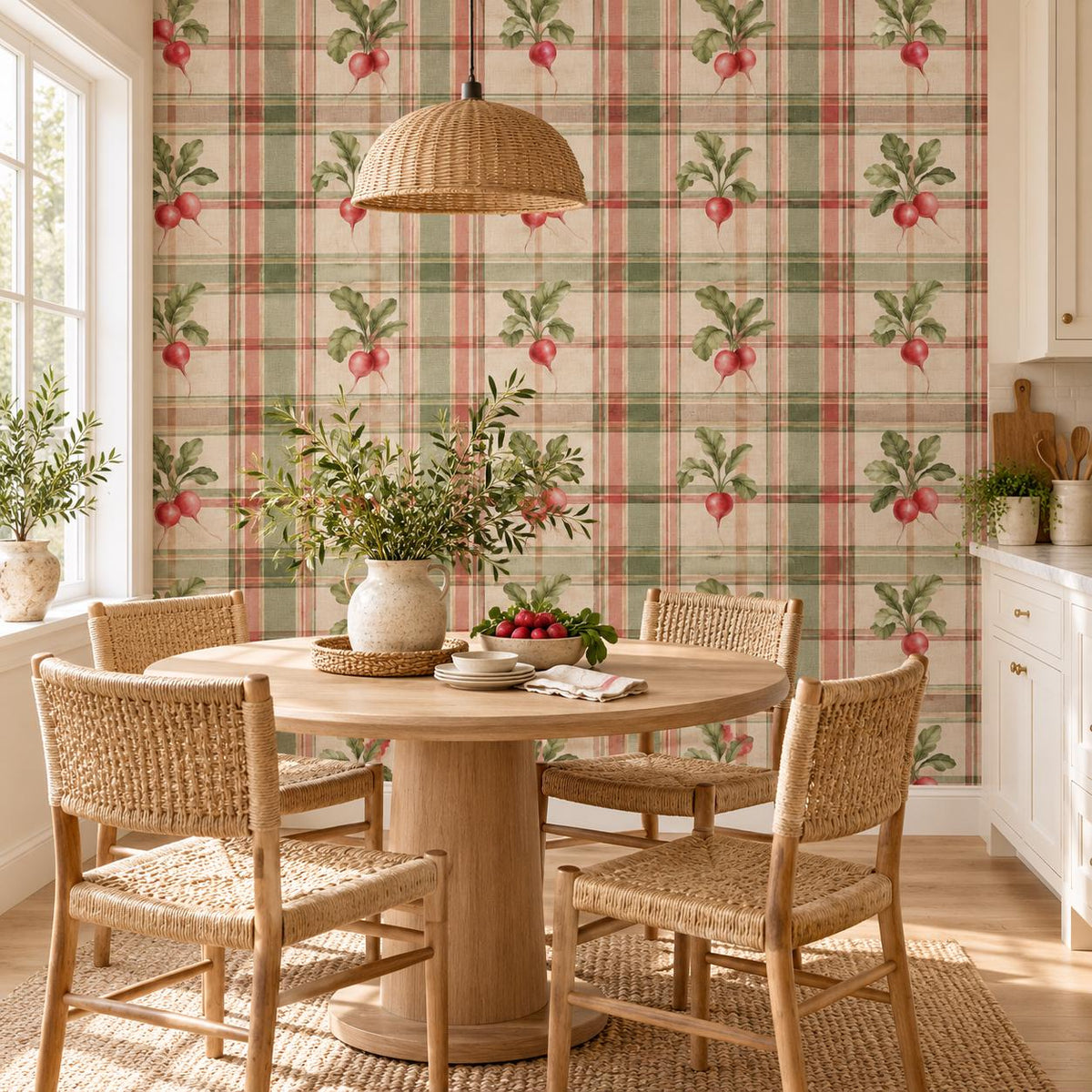 Burgundy and purple watercolor radishes with green leaves on cream wallpaper with a fine gray plaid grid.