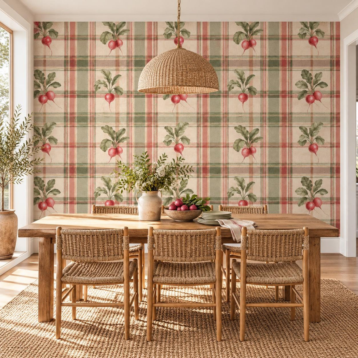 Radish Plaid Self Adhesive Wallpaper | Vintage Vegetable Kitchen Wall Mural | Cottagecore Dining Room Decor | Vinyl Wall Covering Panels