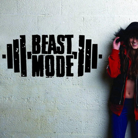 Beast Mode motivational wall decal featuring weights, ideal for gym decor to inspire fitness and strength.