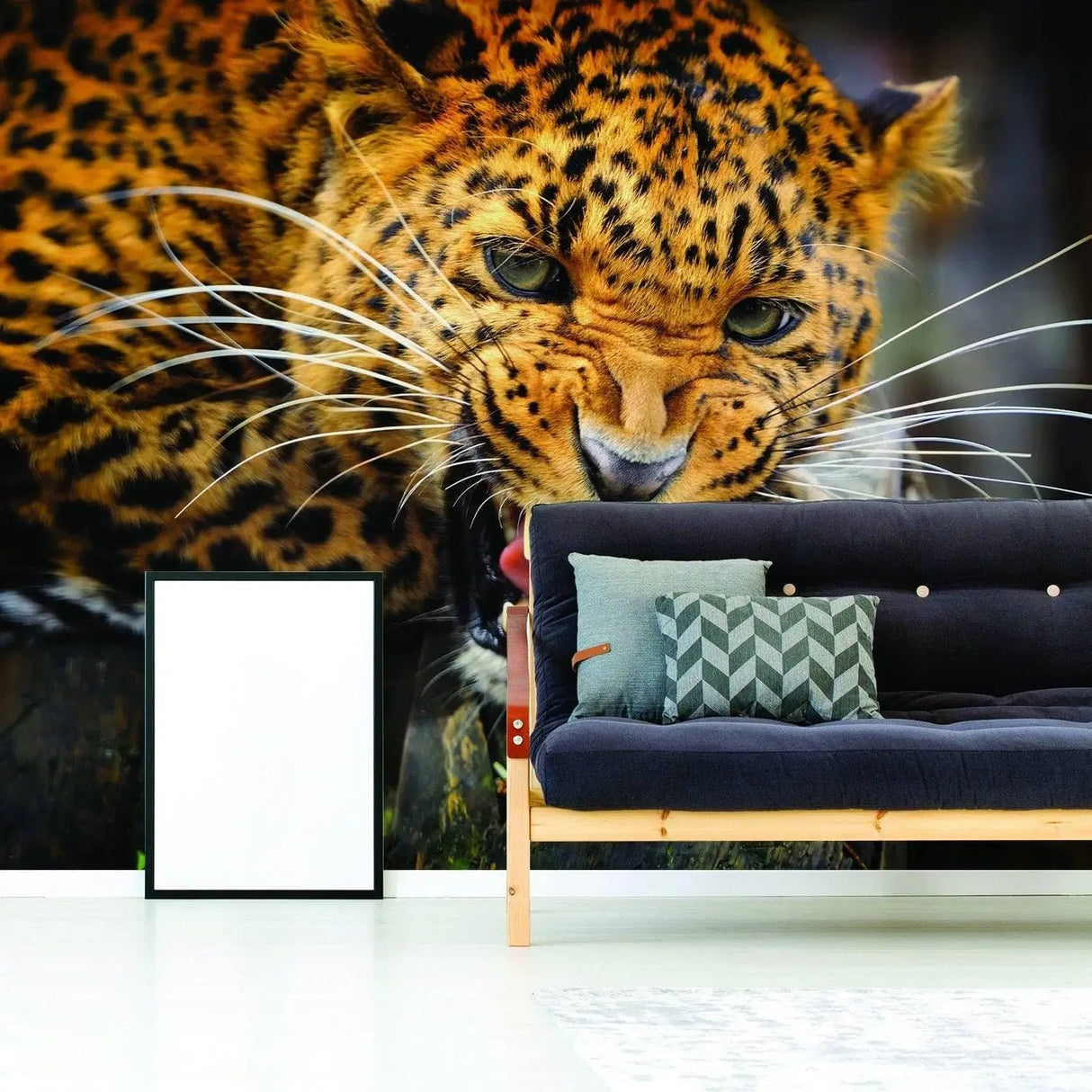 Chic Jaguar vinyl wall decal on living room wall, showcasing striking feline art and modern decor.
