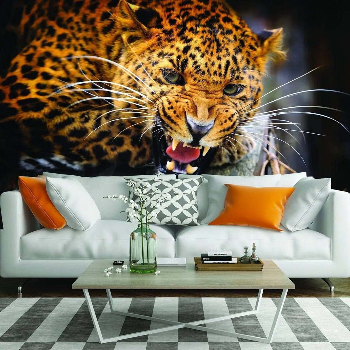 Jaguar vinyl wall decal in stylish living room with modern decor and orange accents, showcasing fierce feline beauty.