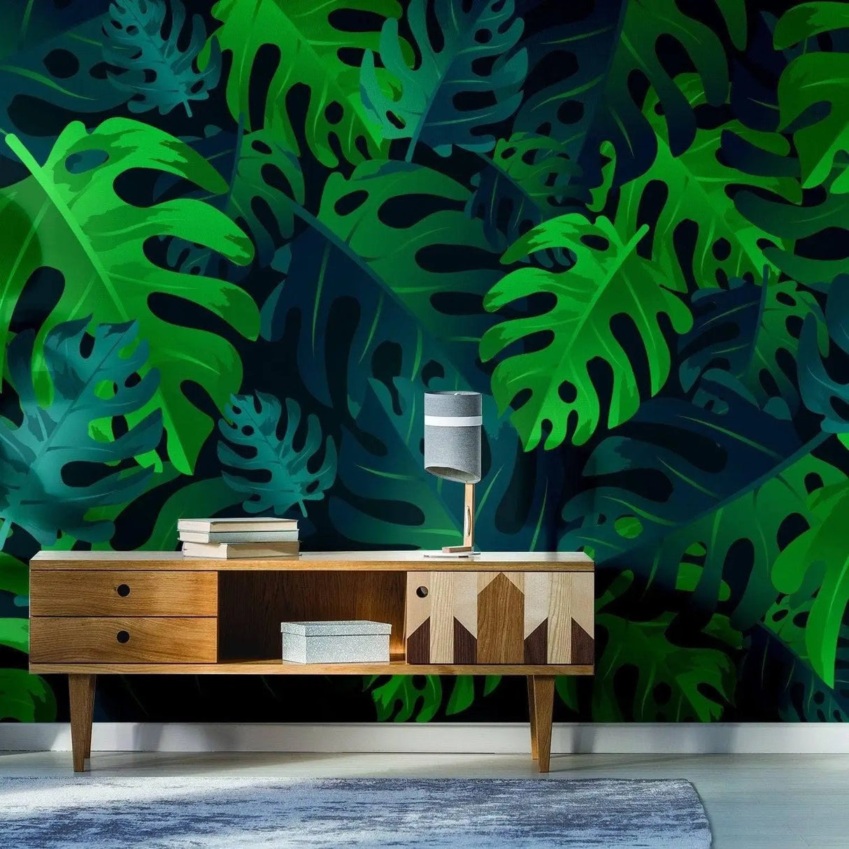 Tropical paradise peel and stick wallpaper featuring vibrant green leaves, enhancing home dΓ©cor with ease.