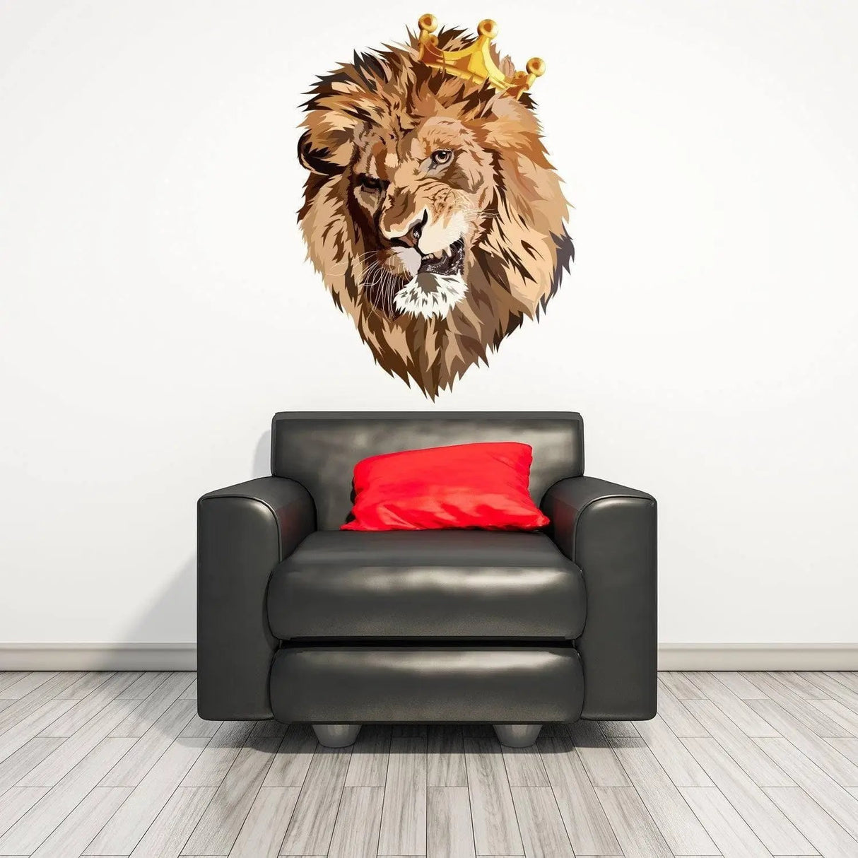 Luxury lion wall decal with crown above a modern black chair, adding personality to any space.