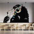 Stylish lion wall sticker with headphones in a modern cafe setting, perfect for kids' decor.