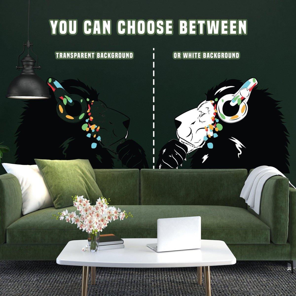 Lion wall stickers showcasing transparent and white background options in a stylish room setting.