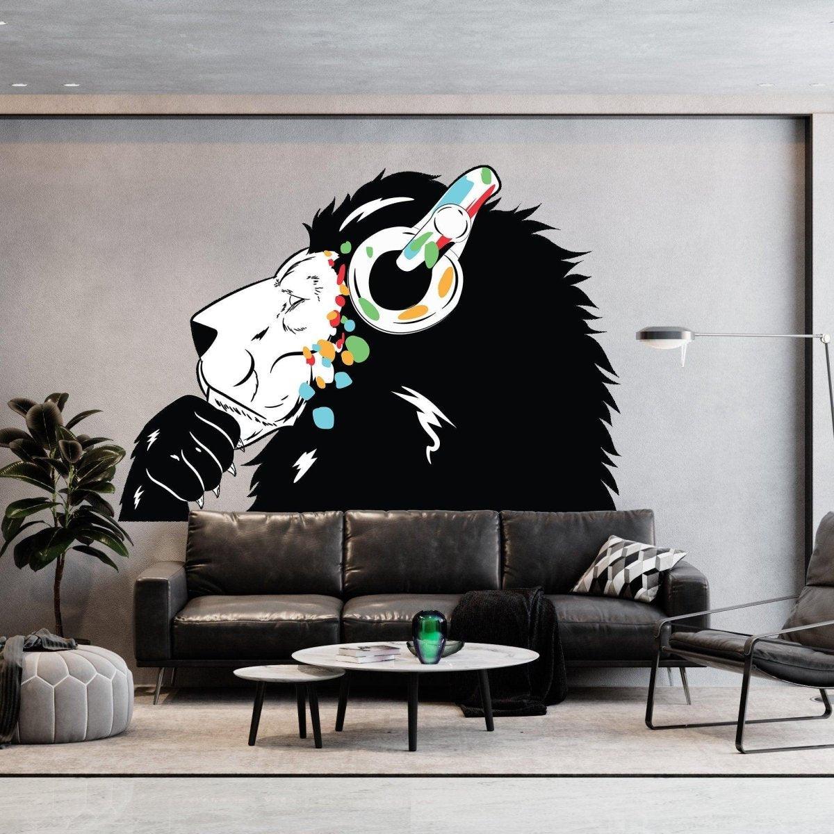 Lion wall sticker with headphones, colorful graffiti style, perfect for kids' room decor.