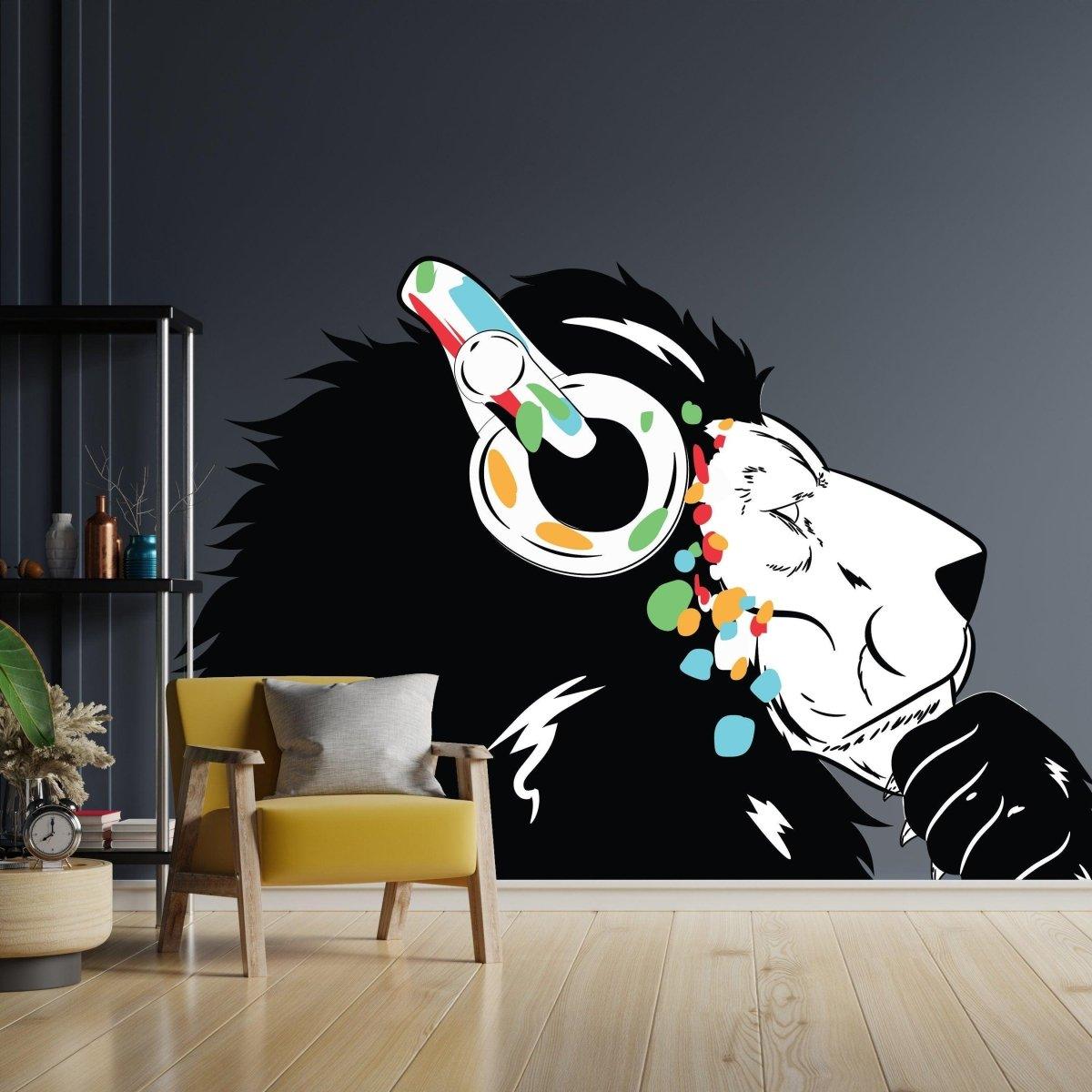 Lion wall sticker with headphones, colorful design for kids' room decor, inspired by graffiti art.