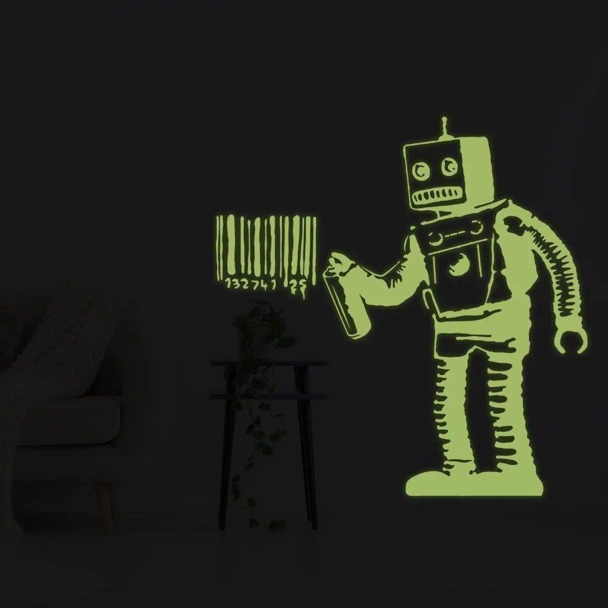 Glow in the dark barcode robot wall decal design perfect for art lovers and unique home decor.