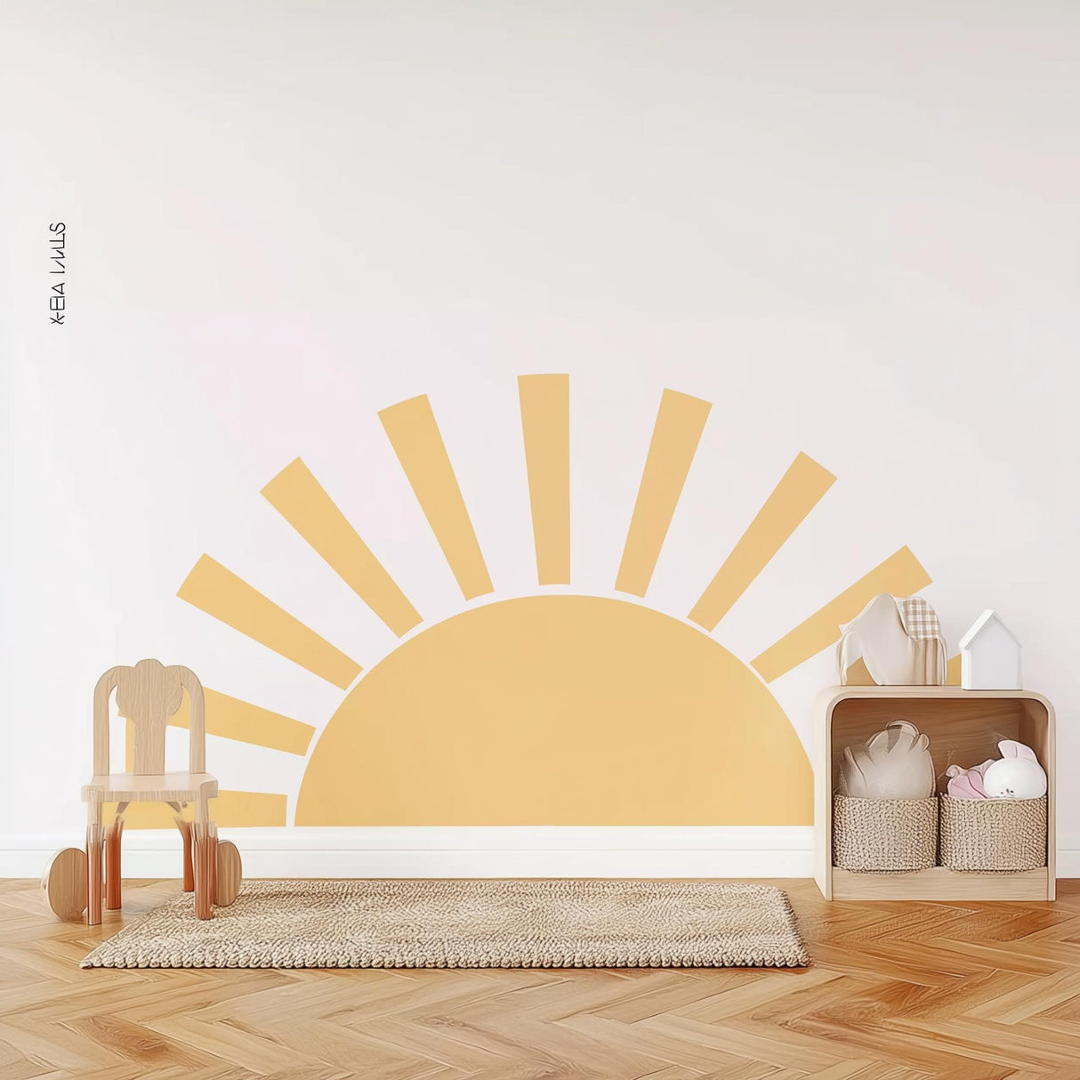 Minimalist sun wall decal in soft yellow tones for nursery decor with wooden toys and a cozy rug.