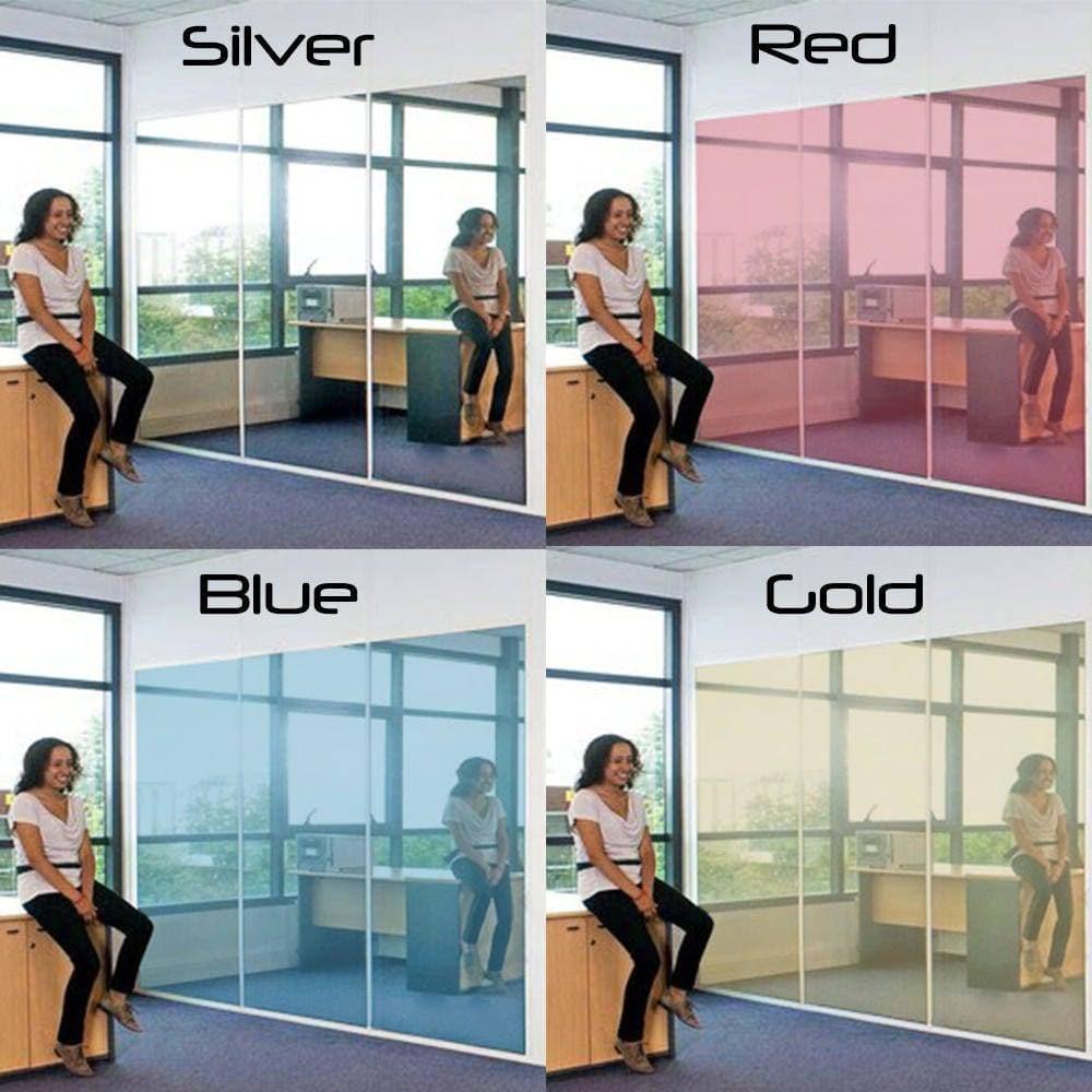 Mirror privacy window film in silver, red, blue, and gold colors showcased with a woman sitting beside them.