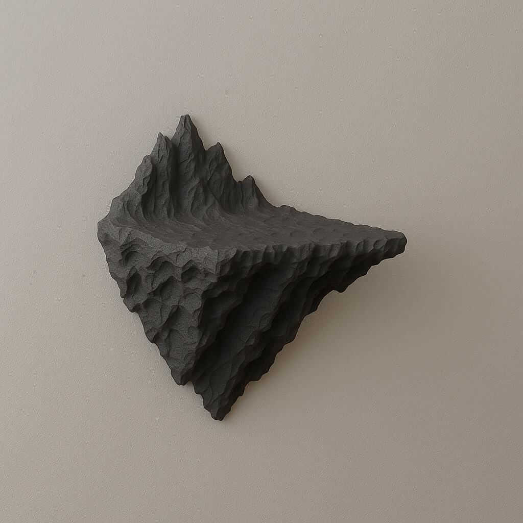 3D printed mountain wall shelf with textured black surface, resembling a jagged rock peak.