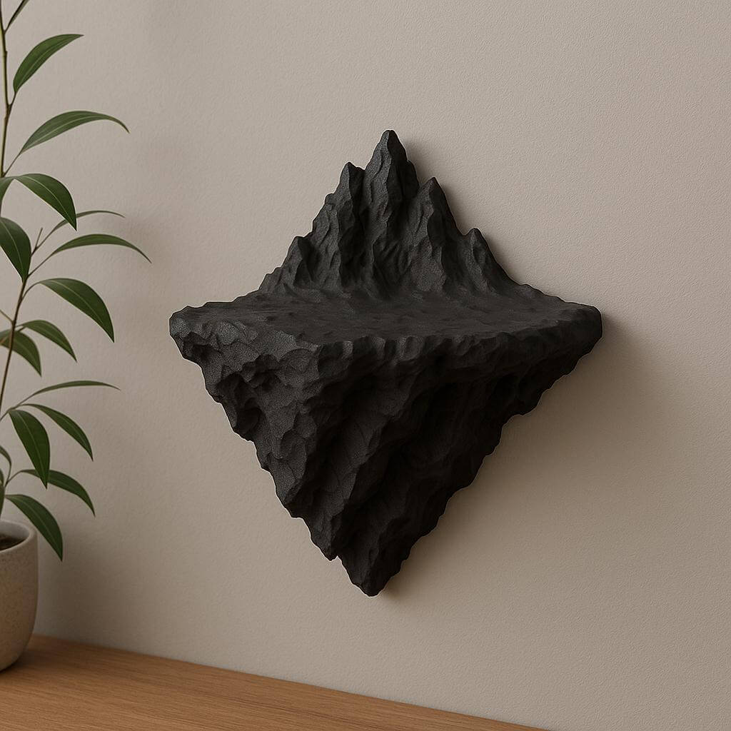 3D printed mountain wall shelf in matte black, resembling a jagged peak for nature-inspired decor.