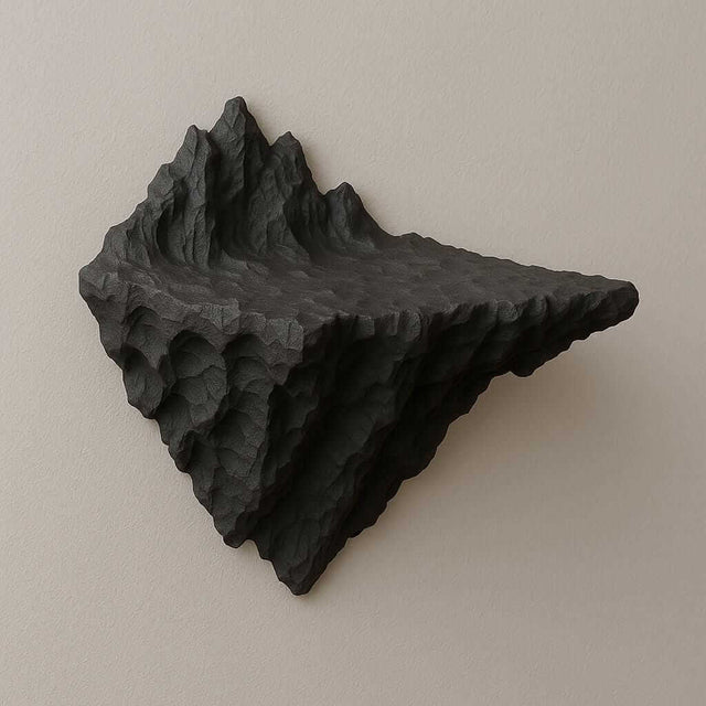 Geometric 3D printed mountain wall shelf in matte black, resembling a jagged rock peak for adventurous decor.