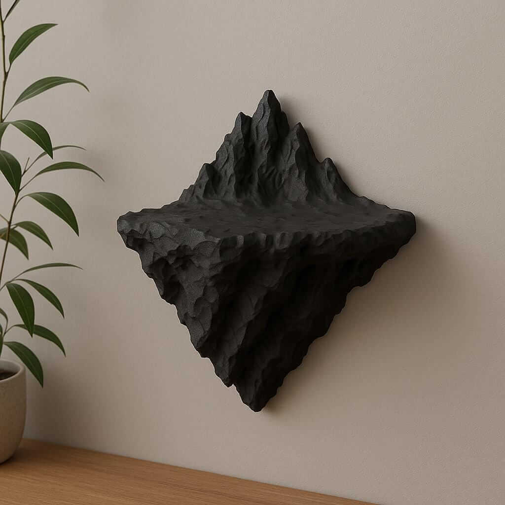 3D printed mountain wall shelf with jagged contours and matte black finish, perfect for adventure-themed decor.