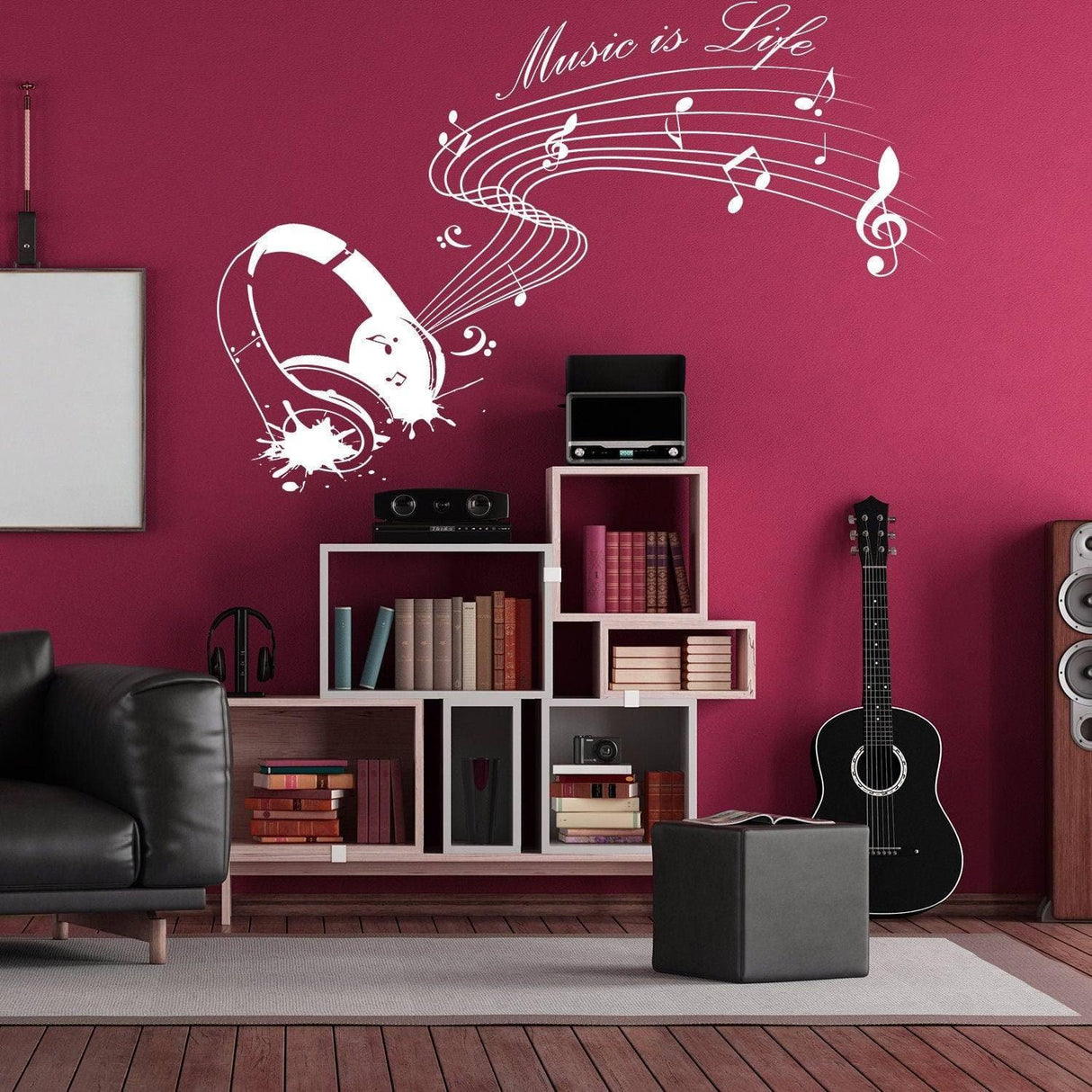 Harmony-themed music wall sticker featuring headphones and musical notes in a stylish living room.