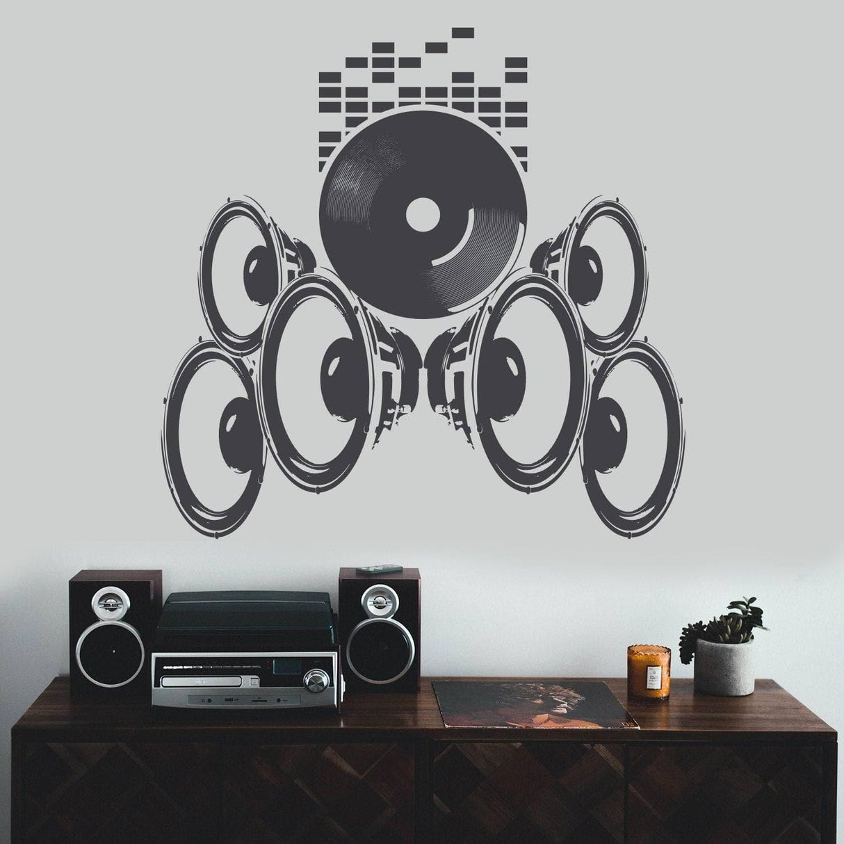 Vintage Soundwave Wall Sticker featuring classic music speakers on a stylish wall above a modern audio setup.