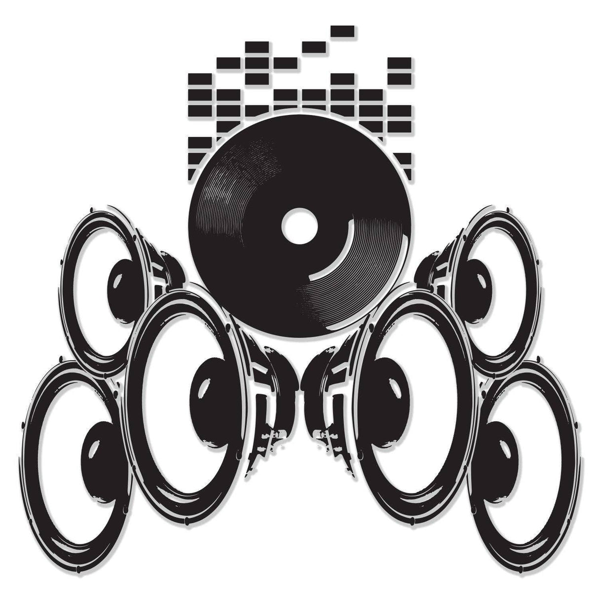 Vintage soundwave wall sticker featuring speakers and vinyl records, perfect for retro music-themed decor.