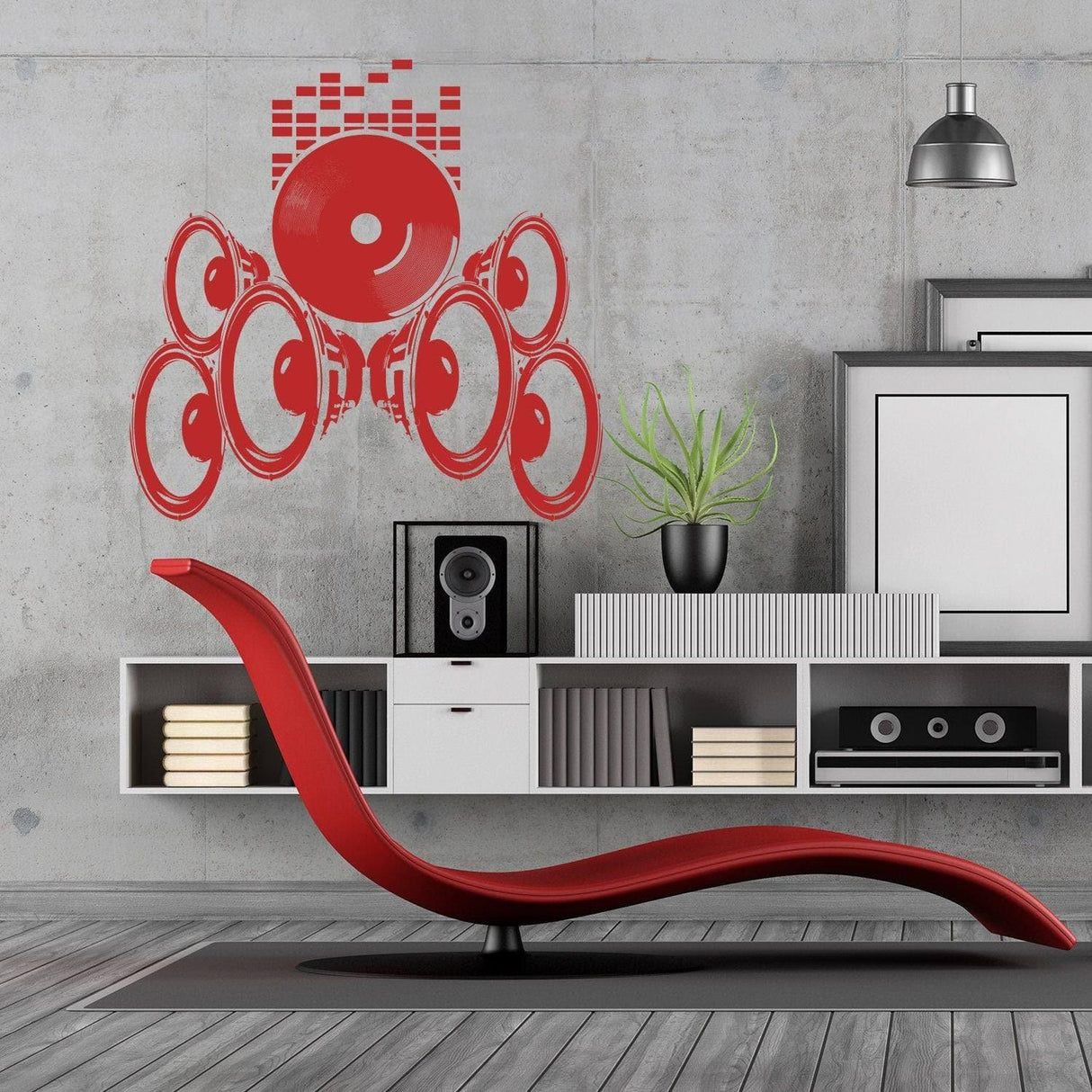 Vintage soundwave wall sticker featuring red music speakers in modern living room decor.