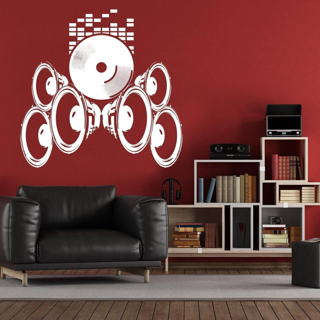 Vintage Soundwave wall sticker featuring large speakers and audio waves in a stylish living room.