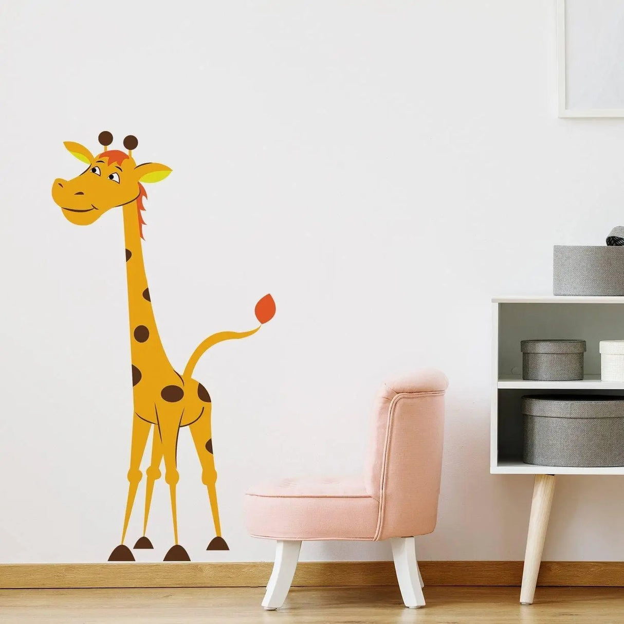 Adorable giraffe wall decal sticker on a nursery wall, perfect for kids' animal-themed decor.
