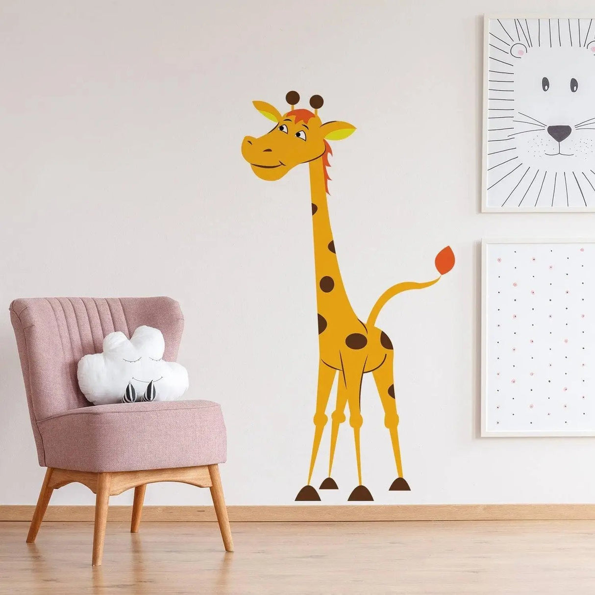 Adorable giraffe wall decal sticker in a nursery, perfect for kids' cute animal-themed decor.