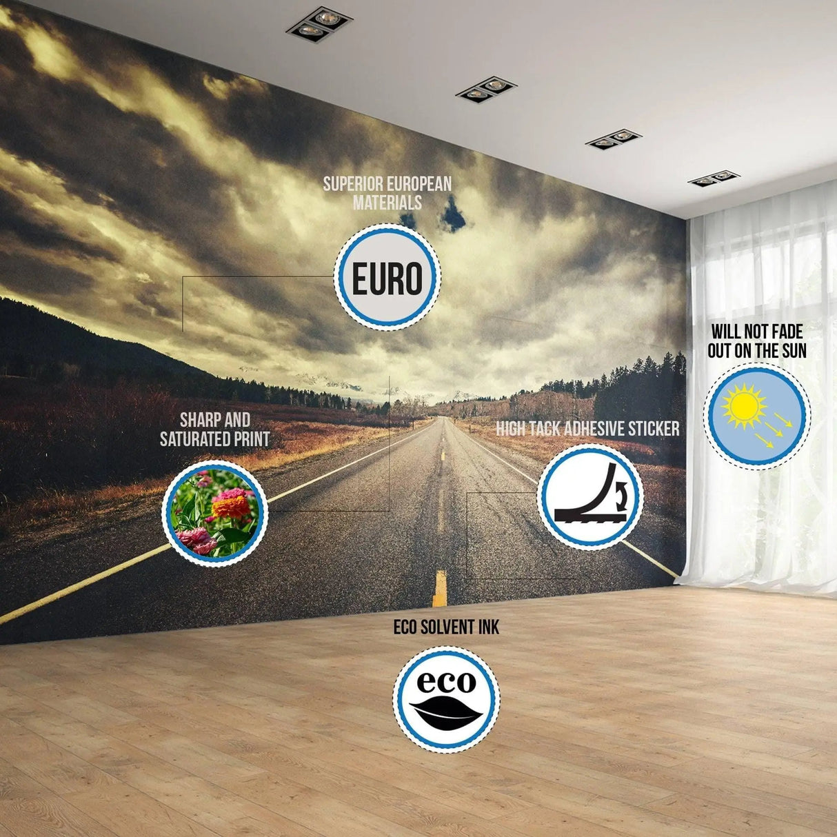 Large road mural showcasing superior European materials and eco-friendly print, ideal for transforming interiors.