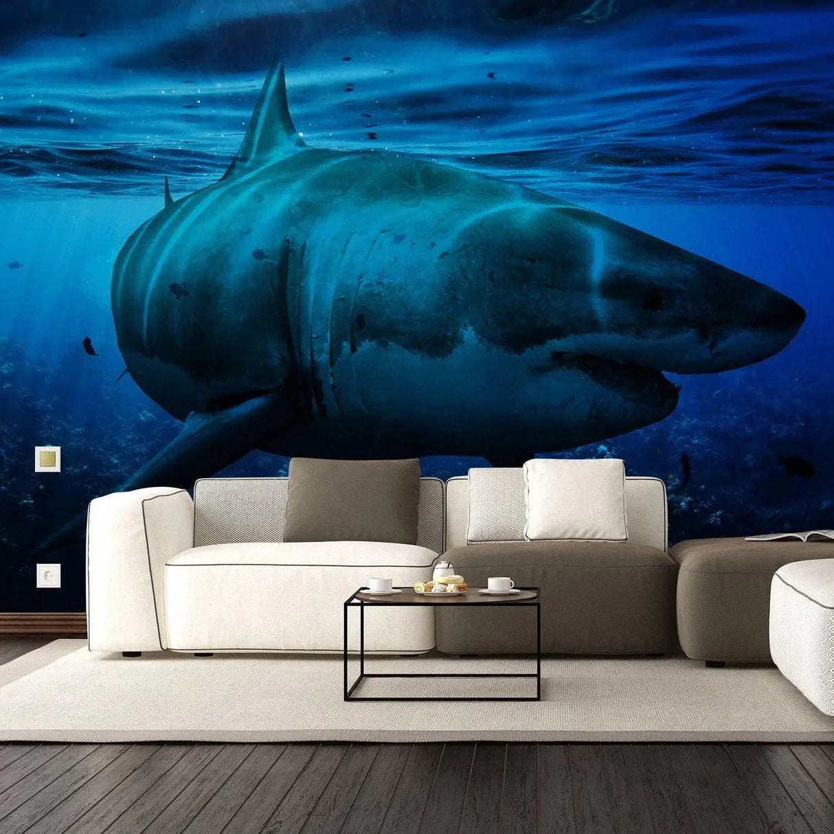 Large shark mural in a living room, creating an underwater sea life paradise with ocean landscape wallpaper.