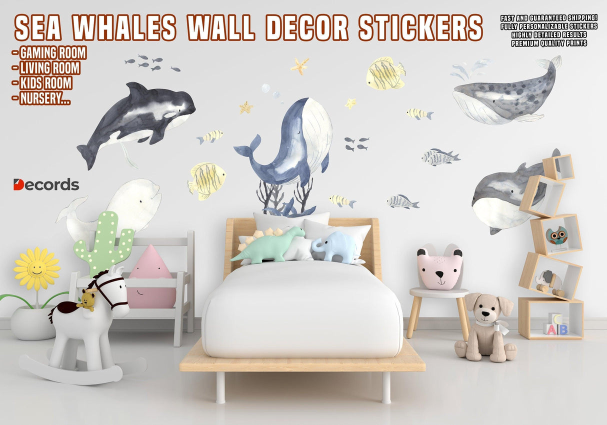 Ocean themed whale wall stickers for kids' room decor, perfect for nurseries and playrooms.