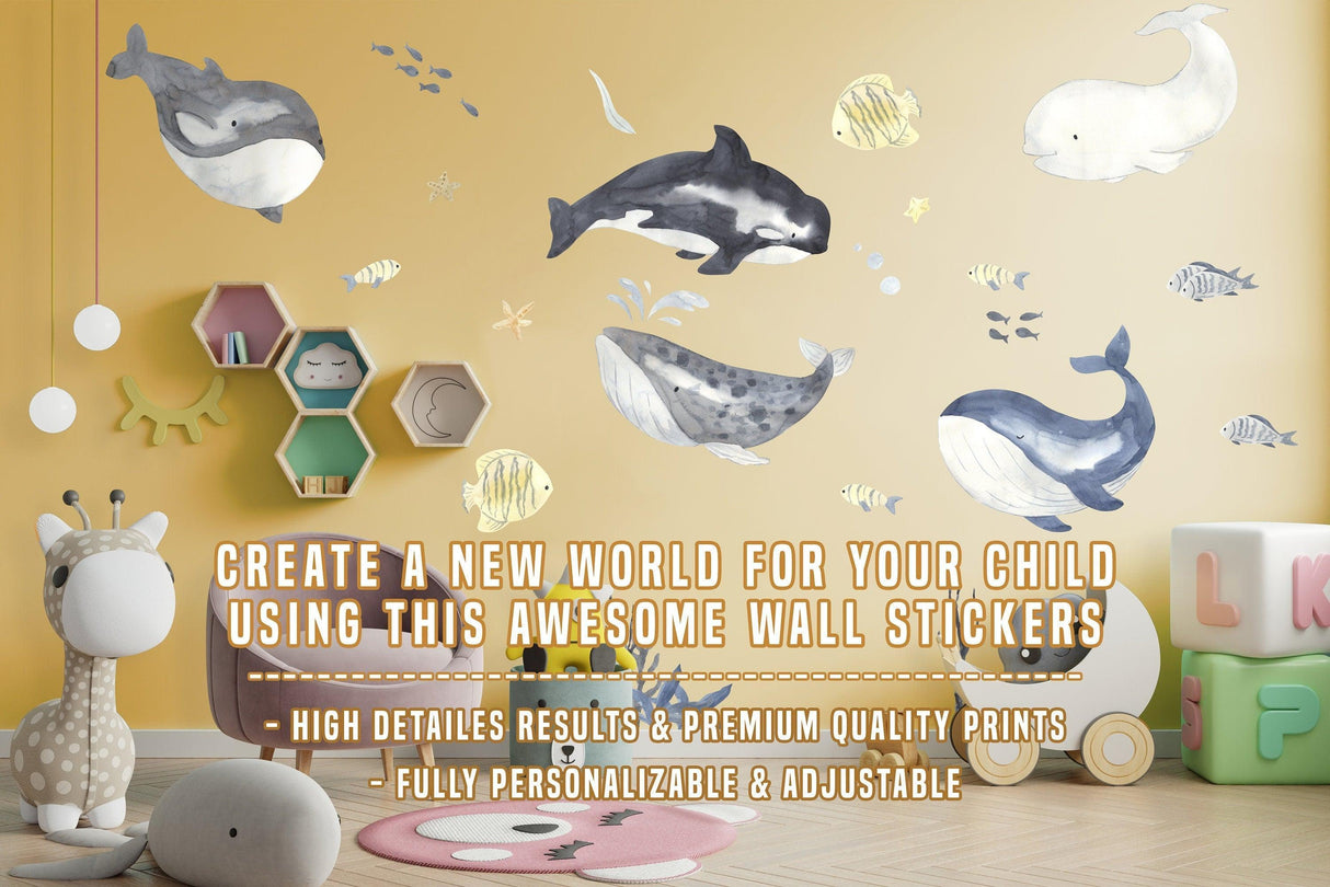 Ocean themed wall stickers featuring whales and marine life, perfect for children's bedroom decor.