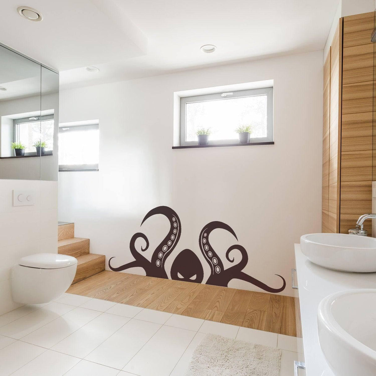 Octopus tentacle wall decal in modern bathroom, creating an oceanic theme with elegant design.
