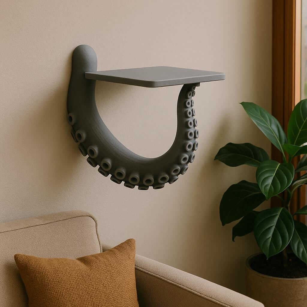 Nautical octopus tentacle wall shelf in a cozy living room, showcasing a stylish floating design with a decorative plant.