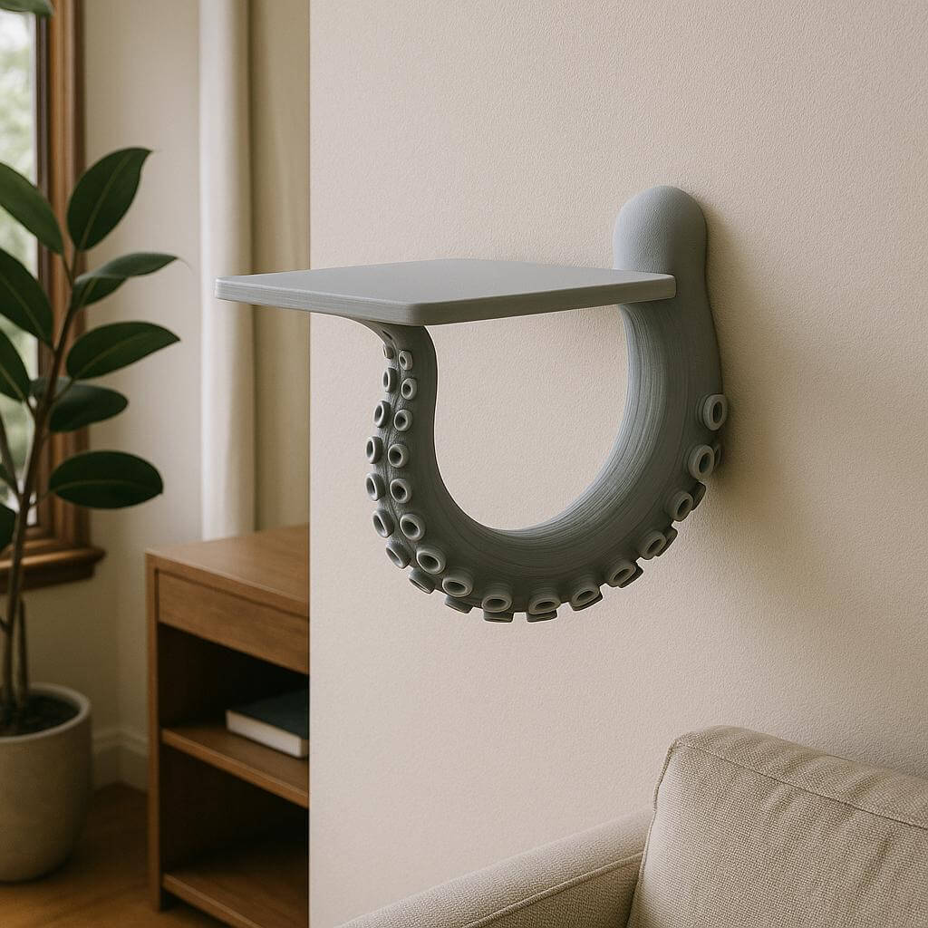 Octopus tentacle wall shelf in a modern living room, featuring a unique 3D printed design for coastal home decor.