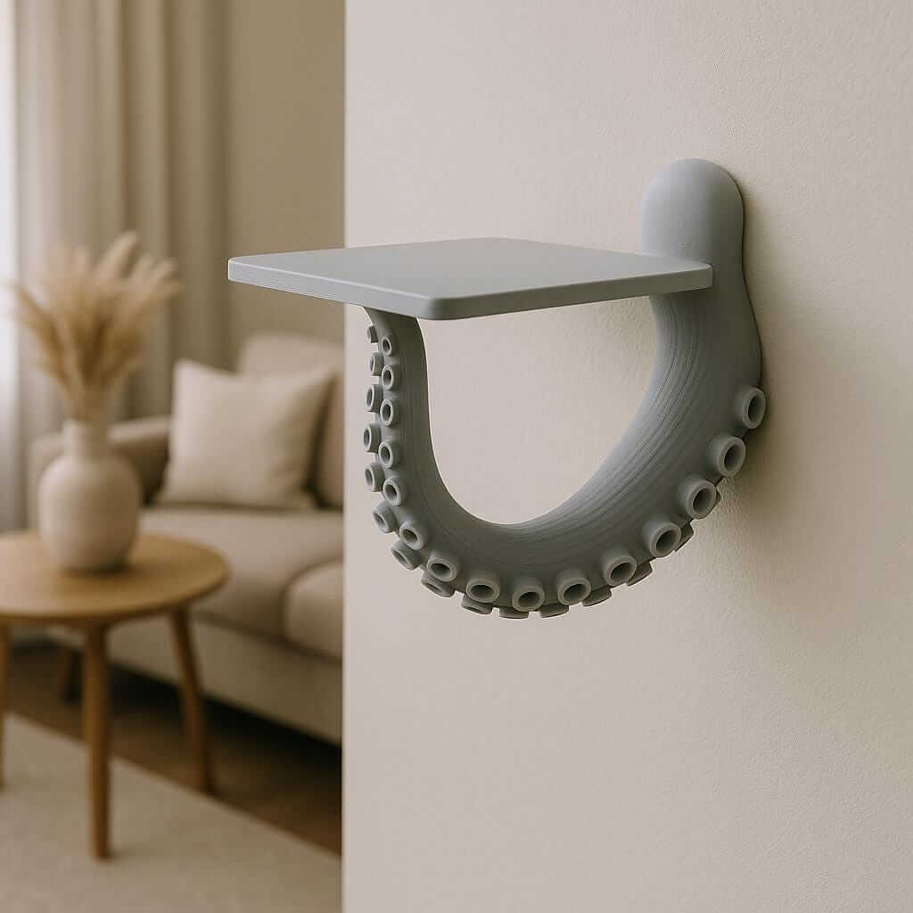 Octopus tentacle wall shelf in coastal living room, showcasing 3D printed marine-inspired decor.