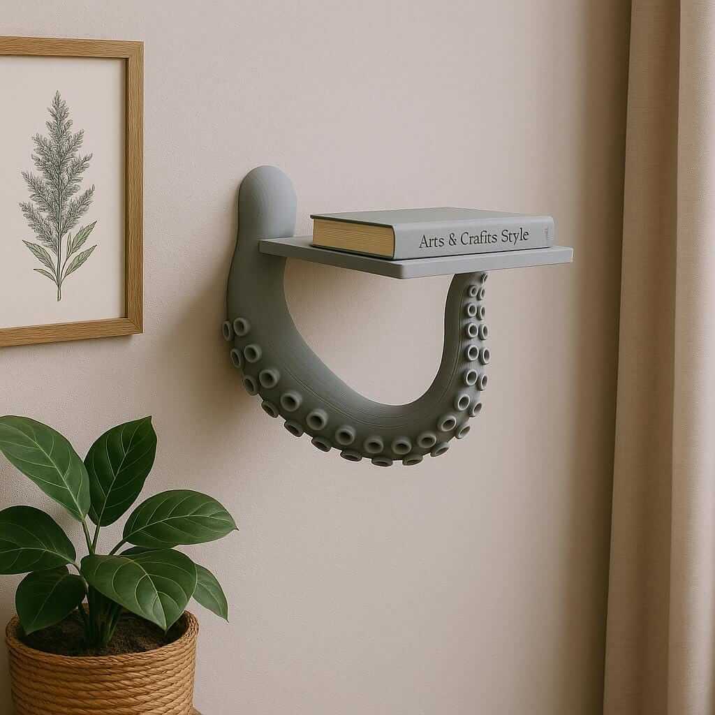 Octopus tentacle wall shelf showcasing a book in a coastal decor setting with plants and artwork.