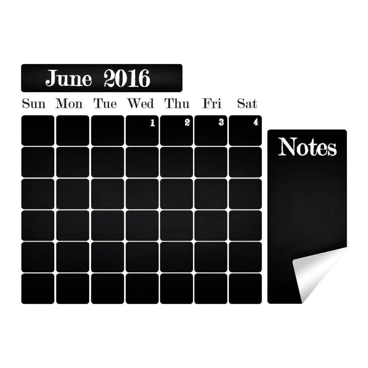 Chalkboard wall sticker with monthly planner design for June 2016, featuring calendar layout and notes section.