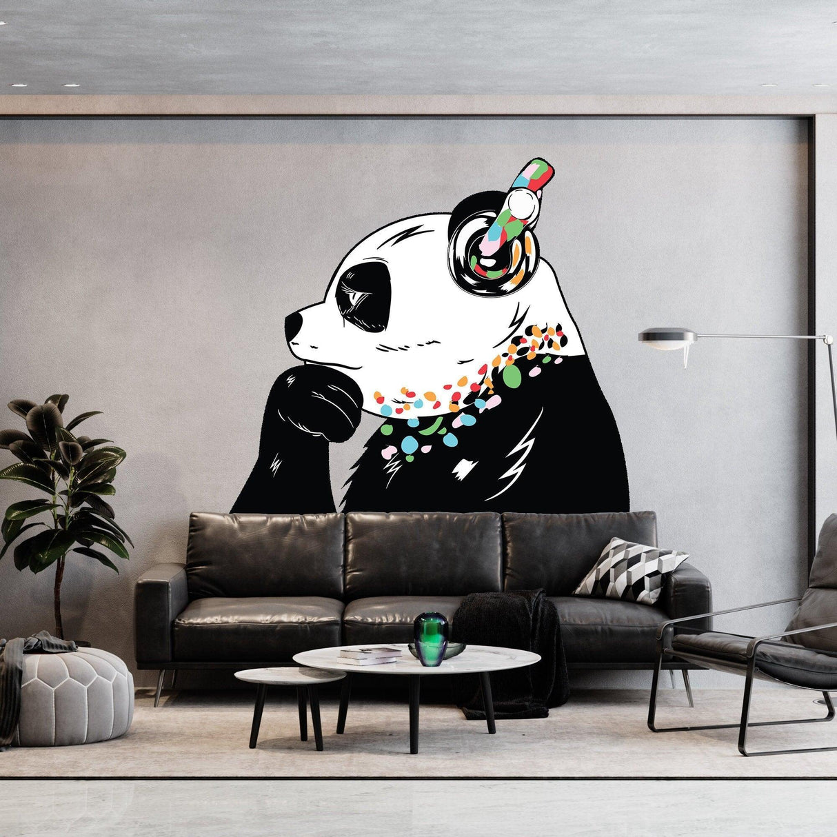 Expressive panda wall decal with headphones, ideal for vibrant wall decoration in modern living space.