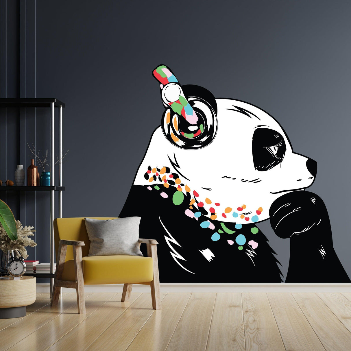 Expressive panda wall decal with headphones, colorful decorations in stylish modern room setting.