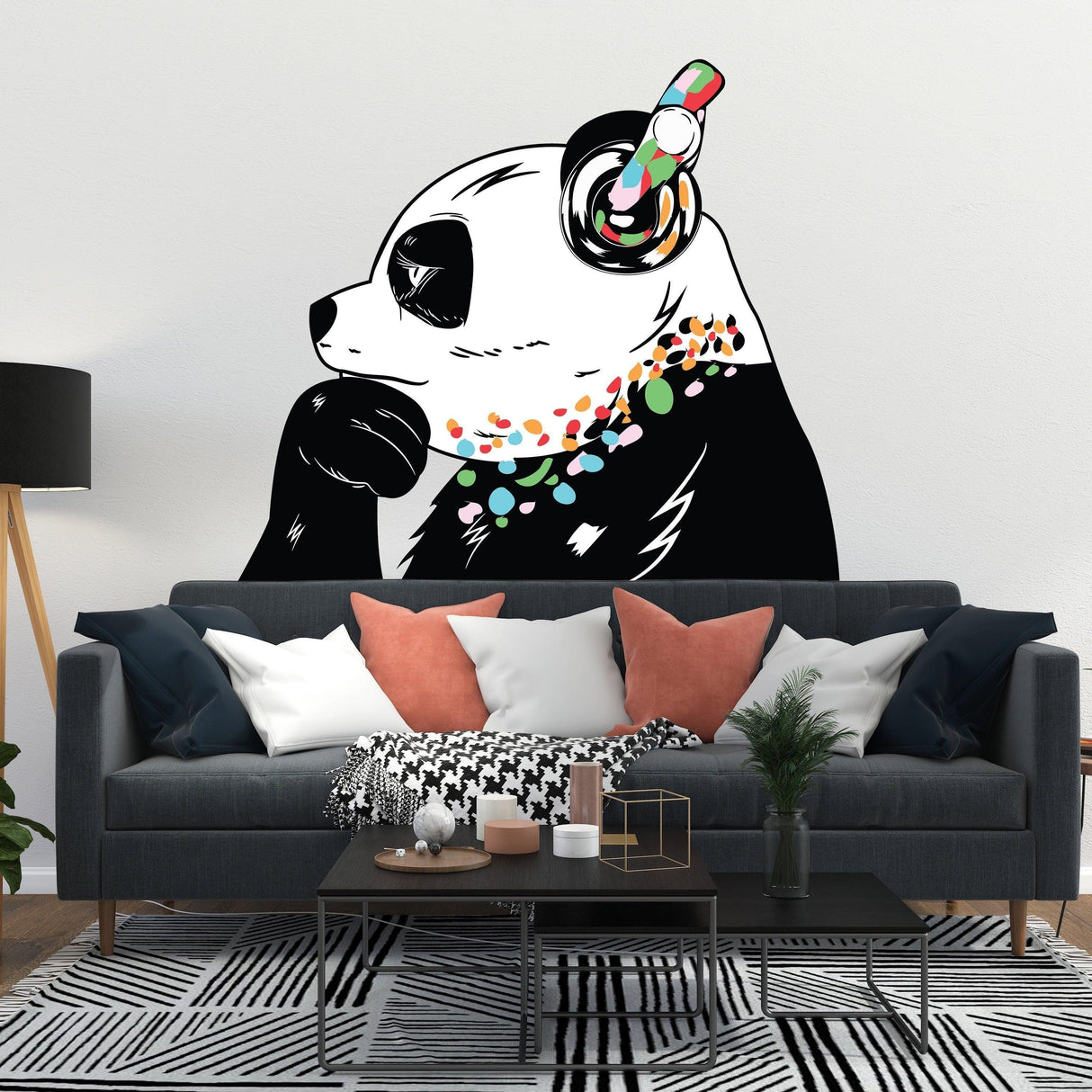 Expressive panda wall decal with headphones, colorful details, decorating a modern living room.