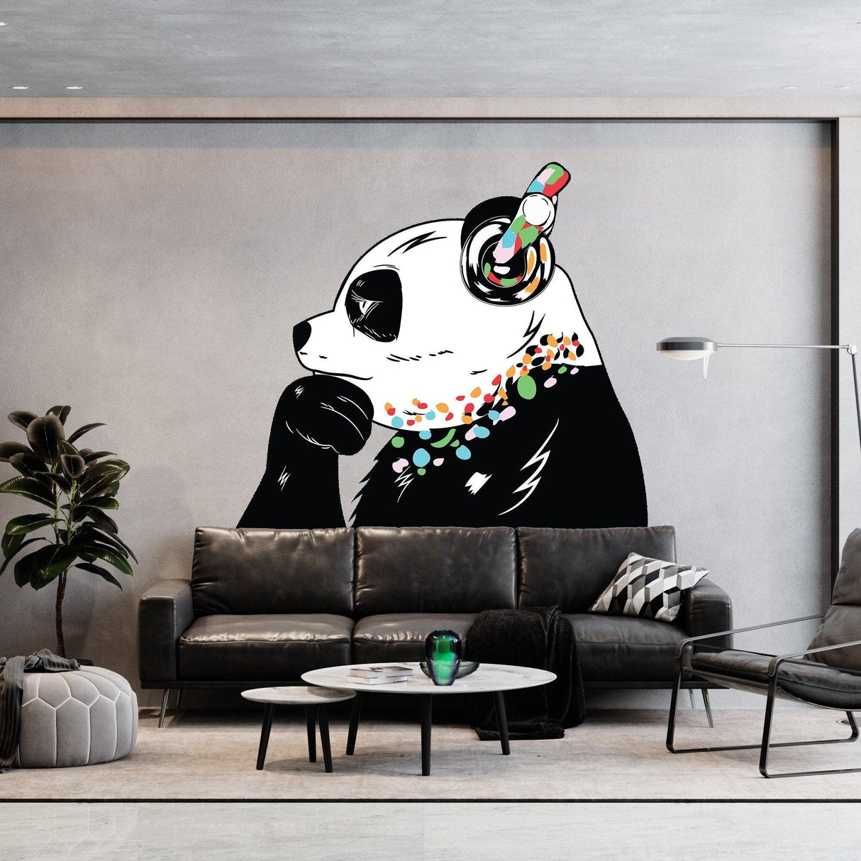 Vinyl sticker art of a panda bear with headphones, colorful detail, vibrant wall decal for home decor.