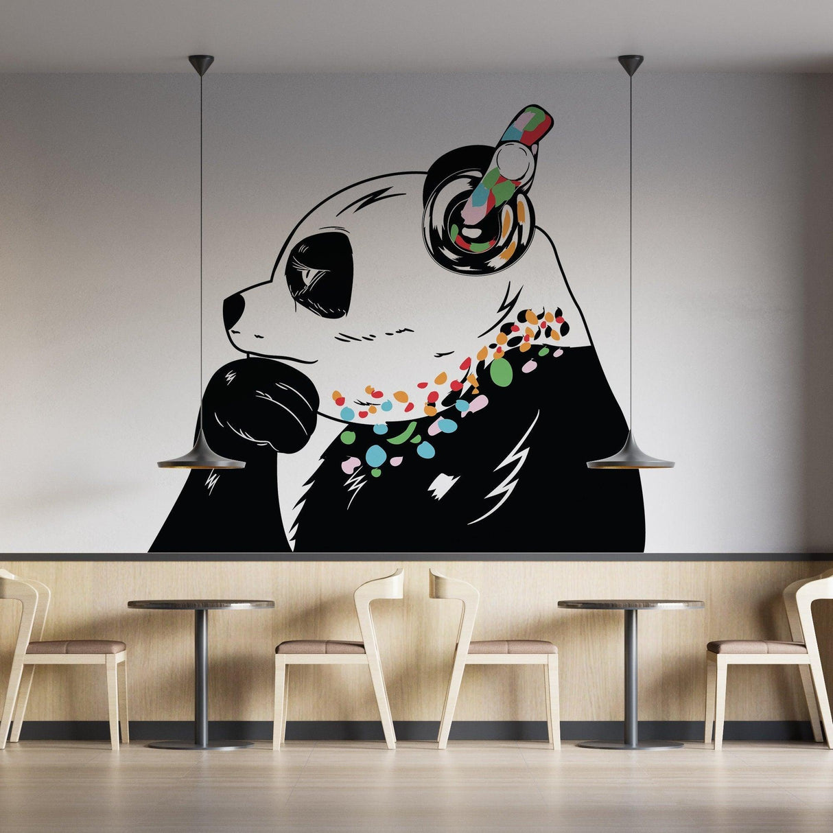 Panda bear wall decal with headphones, vibrant colors, perfect for personalizing your space.