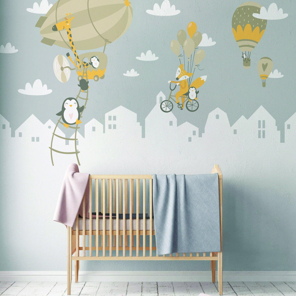 Whimsical penguin and fox wall stickers, colorful balloon designs for kids' nursery decor.