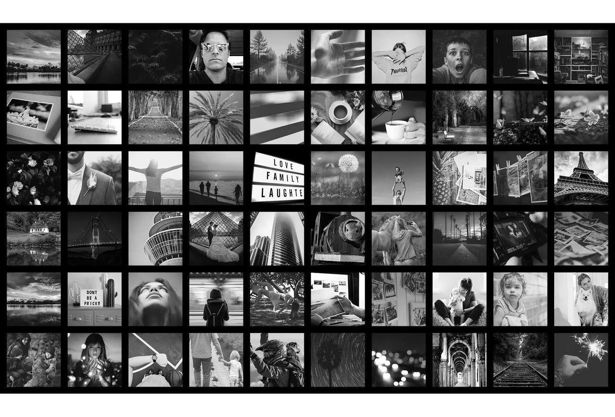 Collage of black and white photos showcasing memories, emotions, and artistic expressions in a personalized wall art design.