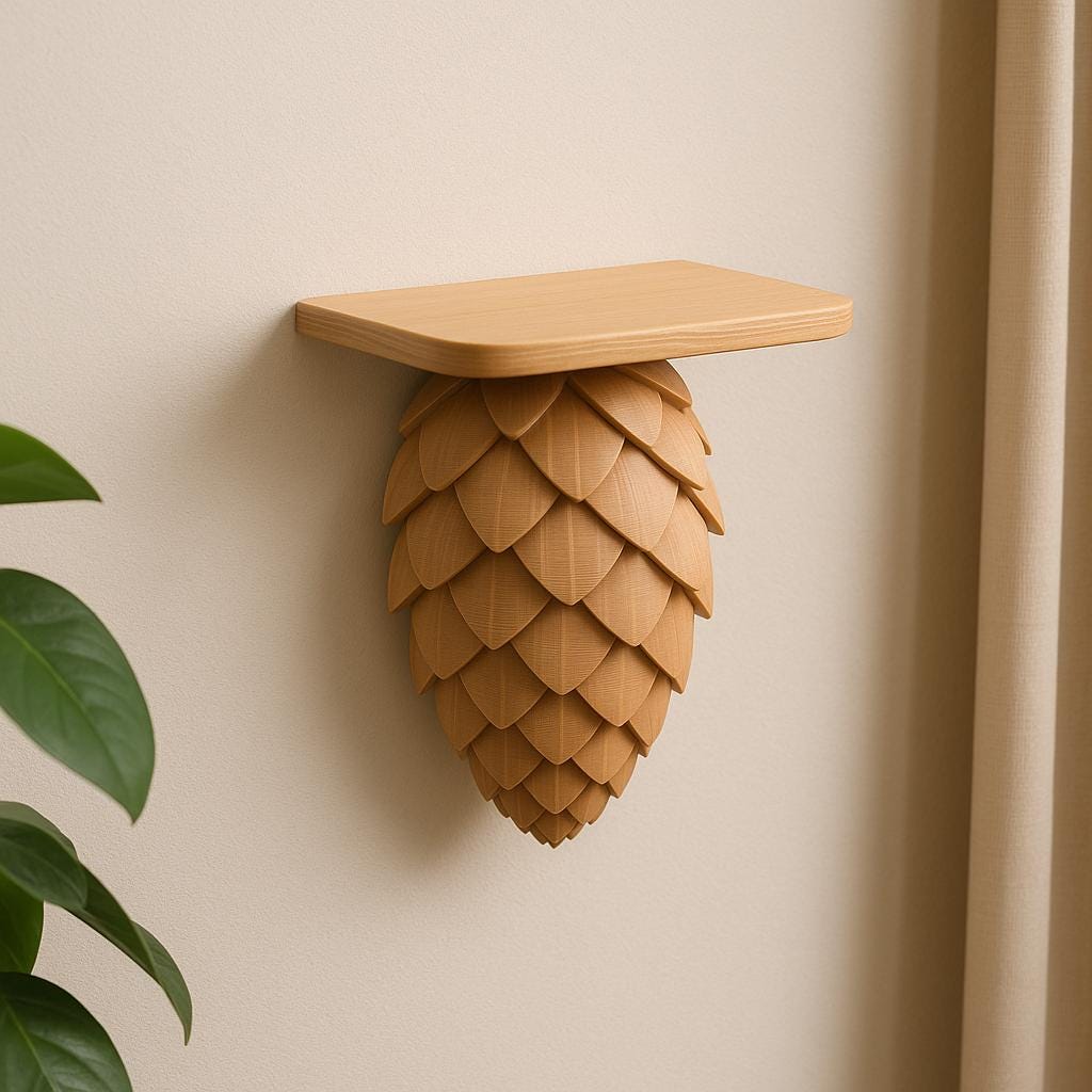 Pinecone wall shelf showcasing rustic 3D printed design, perfect for plants and nature-inspired decor.
