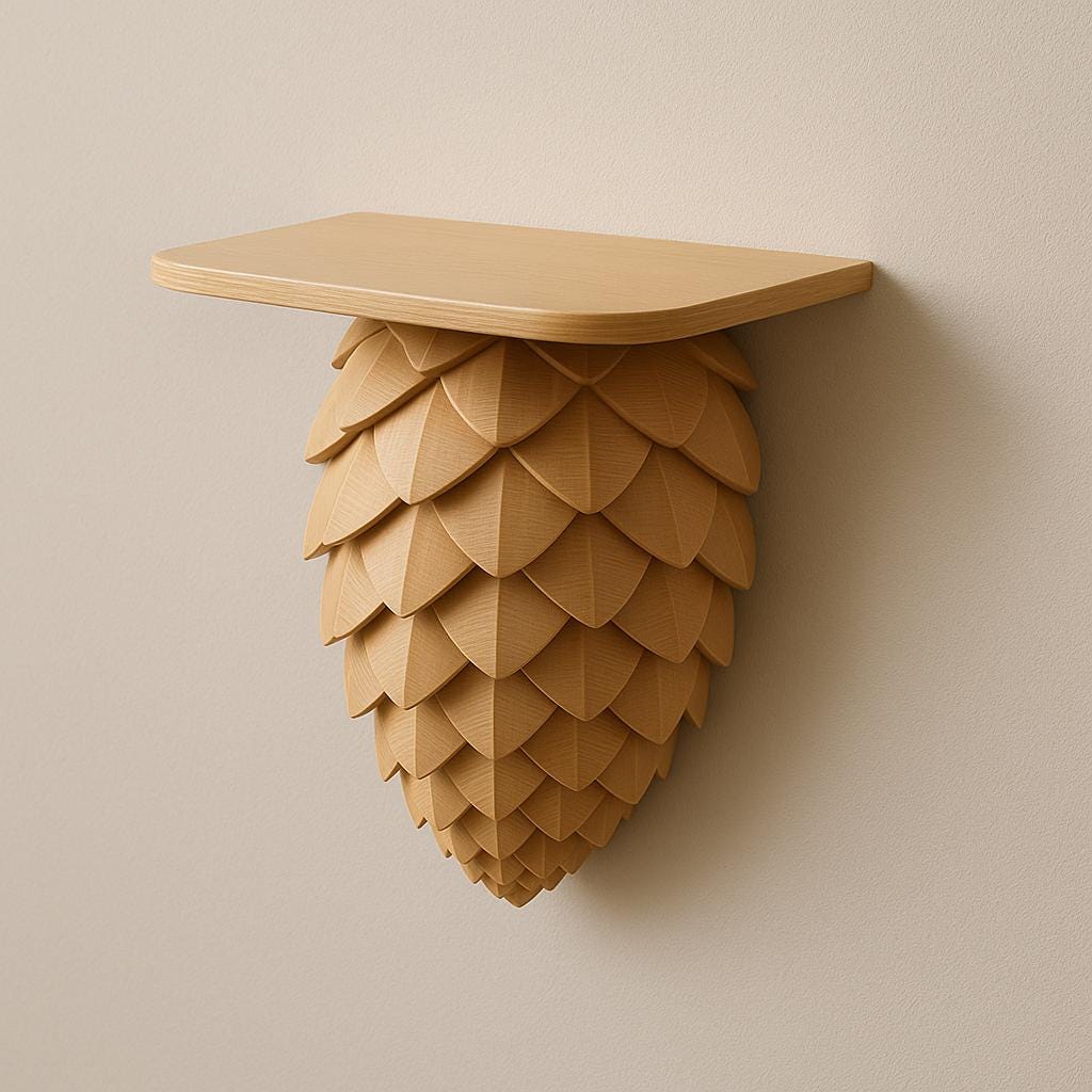 3D printed pinecone wall shelf in tan PLA, perfect for plants and nature-inspired decor.