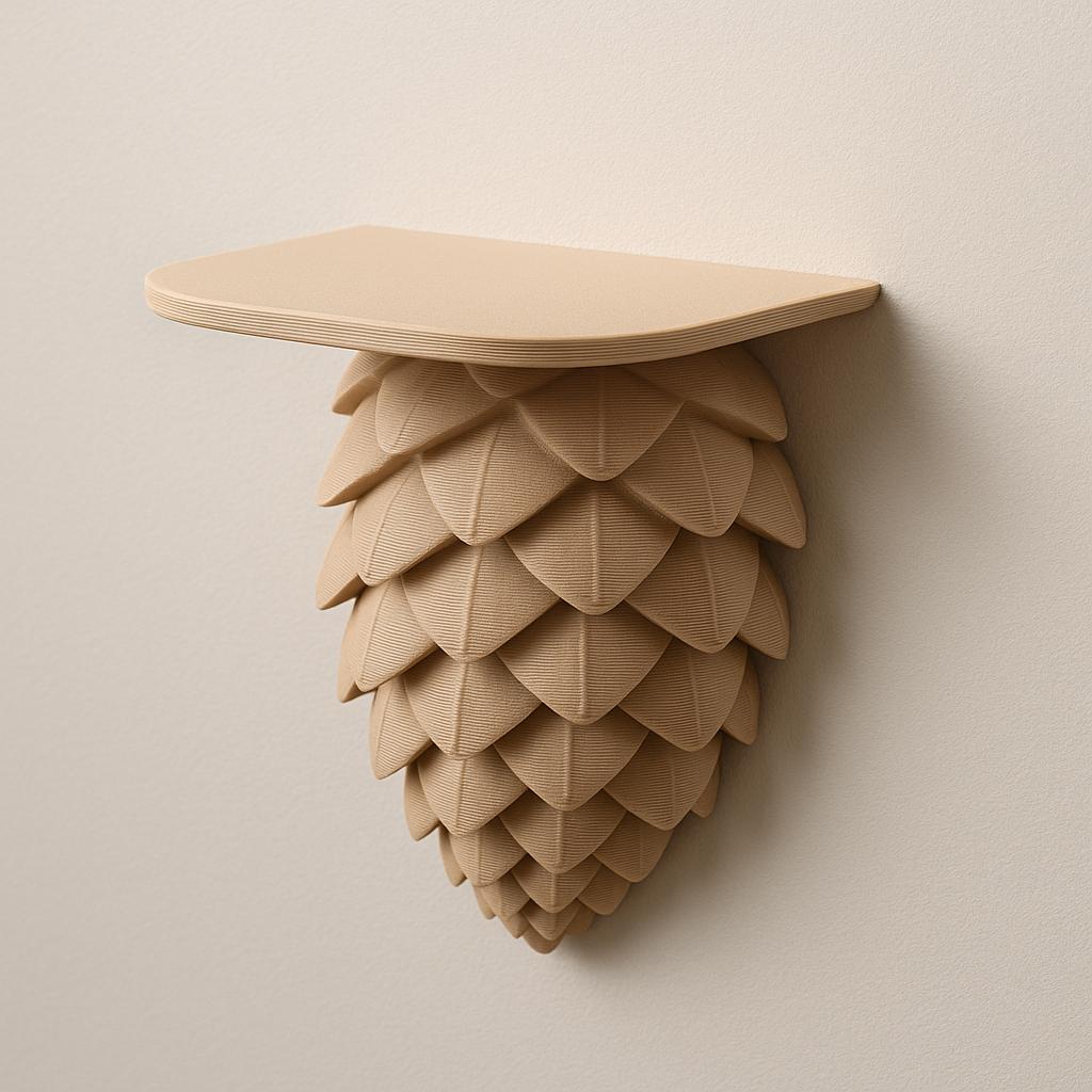 3D printed pinecone wall shelf in tan, perfect for displaying plants and adding rustic woodland decor to your home.