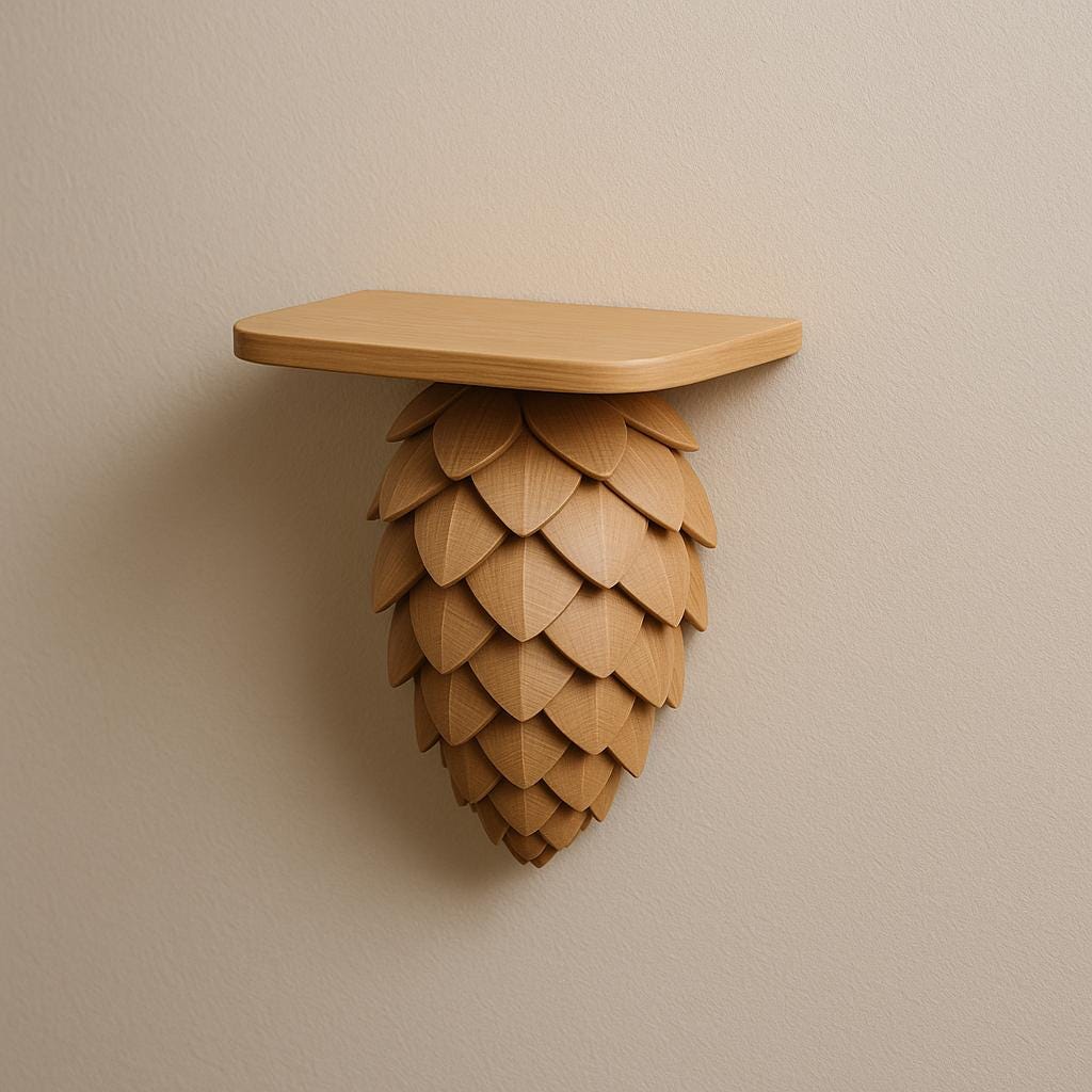 3D printed pinecone wall shelf in tan PLA, ideal for nature-inspired decor and plant display.