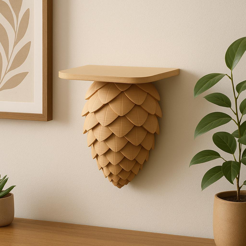 Pinecone wall shelf in tan PLA, showcasing 3D printed design and rustic beauty for nature-inspired decor.